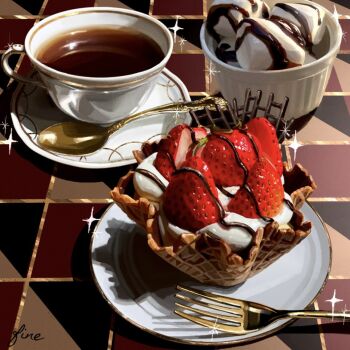 artist_name chocolate chocolate_syrup cup drink fine_9725 food food_focus fruit ice_cream_cone marshmallow no_humans original plate saucer spoon still_life strawberry tablecloth tea teacup waffle_cone