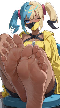 1girl absurdres barefoot blonde_hair blue_eyes blue_hair blush canari_(pokemon) dark-skinned_female dark_skin feet he_c92 highres long_hair looking_at_viewer mask mouth_mask multicolored_hair one_eye_closed pokemon pokemon_legends:_z-a soles toes twintails two-tone_hair