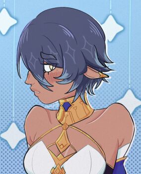 1girl alternate_hair_length alternate_hairstyle alternate_skin_color bare_shoulders blue_background blue_hair breasts commentary dark-skinned_female dark_skin english_commentary genshin_impact halftone halftone_background halterneck jewelry layla_(genshin_impact) looking_at_viewer medium_breasts neck_ring nightly_layla parted_lips pointy_ears short_hair solo upper_body yellow_eyes