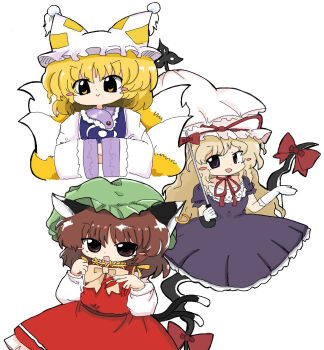 3girls animal_ears blonde_hair blush_stickers bow bowtie brown_eyes brown_hair cat_ears cat_girl cat_tail chen commentary_request dress earrings elbow_gloves fingernails fox_ears fox_girl fox_tail frilled_dress frills gap_(touhou) gloves green_hat hat highres holding holding_umbrella jewelry kuuinusuki long_fingernails long_hair looking_at_viewer multiple_girls multiple_tails orange_eyes perfect_cherry_blossom purple_dress purple_eyes red_dress red_nails ribbon short_hair single_earring tail touhou two_tails umbrella white_background yakumo_ran yakumo_yukari
