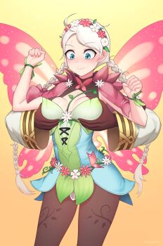1boy 1girl absurdres ahoge black_pantyhose blue_eyes bodystocking bracelet braid breasts butterfly_wings capelet chikaretsu cleavage commission commissioner_upload fairy fairy_wings fire_emblem fire_emblem_fates fire_emblem_heroes flower grabbing_another&#039;s_breast grabbing_from_behind groping hair_flower hair_ornament hair_vines hairband harness highres insect_wings jewelry kiran_(fire_emblem) male_kiran_(fire_emblem) leaf_bracelet long_hair low_twin_braids medium_breasts nina_(fire_emblem) nina_(resplendent)_(fire_emblem) nintendo non-web_source official_alternate_costume pantyhose parted_lips pink_capelet plant turtleneck twin_braids vines white_hair wings