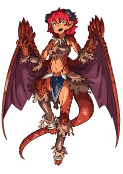 1girl absurdres bandaged_foot bandages blue_loincloth border claws collarbone colored_skin dragon_girl dragon_horns dragon_tail dragon_wings eimirja_(soapy) fangs feet fire flying highres horns jewelry knee_up loincloth long_toenails looking_at_viewer midriff multicolored_skin nail_polish navel necklace non-web_source open_mouth original pelvic_curtain red_hair red_nails red_skin scales see-through_silhouette sharp_toenails shiny_skin single_strap solo tail thank_you toenail_polish toenails tooth_necklace torn_clothes two-tone_skin white_border wings yoshimaro zoom_layer