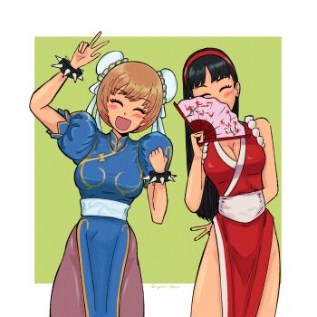 2girls amagi_yukiko black_hair breasts brown_hair capcom chun-li chun-li_(cosplay) cosplay fatal_fury folding_fan hand_fan highres koshimizu_ami large_breasts long_hair megami_tensei multiple_girls persona persona_4 satonaka_chie shiranui_mai shiranui_mai_(cosplay) street_fighter syngmanyeep the_king_of_fighters voice_actor_connection