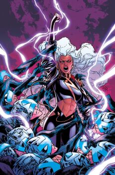 Rule 34 | 1boy, 1girl, abs, arm up, artist collaboration, black bodysuit, black gloves, black jacket, black pants, black shirt, bodysuit, charles xavier, clothing cutout, comic cover, commentary, curly hair, dark-skinned female, dark skin, earrings, english commentary, fingerless gloves, gloves, gold necklace, gold trim, highres, hip vent, jacket, jewelry, lightning, lightning bolt earrings, lightning bolt symbol, long hair, looking at viewer, marvel, mask, matt wilson, midriff, multiple persona, muscular, muscular female, navel, necklace, no pupils, official art, open mouth, pants, russell dauterman, shirt, spiked jacket, stomach cutout, storm (x-men), white hair, x-men