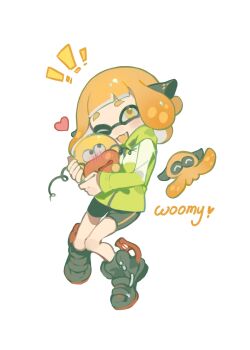! 1girl agent_4_(splatoon) bike_shorts black_shoes black_shorts blush commentary_request full_body green_jacket headphones heart highres hug inkling inkling_girl inkling_player_character jacket kakakamiwed medium_hair nintendo one_eye_closed open_mouth orange_eyes orange_hair shoes shorts smile solo splatoon_(series) splatoon_2 squid woomy zapfish