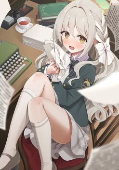 1girl blazer blue_archive blue_bow blue_bowtie blush book book_stack bow bowtie braid collared_shirt commentary_request cowboy_shot cup dress_shirt embarrassed full_body green_halo green_jacket grey_hair grey_skirt hair_between_eyes hair_bow hair_intakes hair_ribbon halo hand_up highres indoors jacket long_hair looking_at_viewer medium_skirt miniskirt miyo_(blue_archive) multicolored_hair nose_blush open_mouth paper paper_stack pleated_skirt ribbon ribbon_braid school_uniform shirousagi_una shirt shoes skirt sweat tea teacup typewriter very_long_hair wavy_hair white_bow white_hair white_ribbon white_shirt yellow_eyes