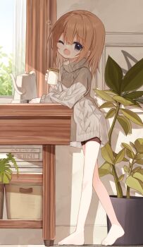 1girl aran_sweater barefoot bike_shorts black_shorts brown_hair cable_knit coffee_pot cup curtains grey_eyes grey_sweater hair_between_eyes holding holding_cup indoors legs long_sleeves looking_at_viewer mug one_eye_closed open_mouth original plant potted_plant short_shorts shorts sleeves_past_wrists solo standing sweater turtleneck turtleneck_sweater wavy_mouth window yawning yuuhagi_(amaretto-no-natsu)