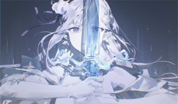 1girl absurdres bare_shoulders chinese_commentary commentary_request crystal_sword elf emilia_(re:zero) flower gloves grey_hair hair_flower hair_ornament hair_ribbon highres holding holding_sword holding_weapon long_hair pointy_ears purple_eyes re:zero_kara_hajimeru_isekai_seikatsu ribbon rose solo sword sword_in_front_of_face weapon white_flower white_gloves white_rose yu-y_(824412)