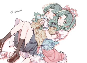 2girls black_socks bow brown_cardigan brown_shoes cardigan commentary_request corrupted_twitter_file corset curly_hair curtained_hair dress drop_shadow dual_persona frilled_bow frilled_corset frilled_dress frilled_gloves frills gloves green_corset green_hair green_ribbon grey_skirt grin hair_bow hayamachi holding_hands idolmaster idolmaster_million_live! idolmaster_million_live!_theater_days kneehighs knees_up layered_dress loafers long_hair long_sleeves looking_at_viewer lying lying_on_person multiple_girls official_alternate_costume on_back one_eye_closed parted_lips pink_bow pink_dress pleated_skirt red_eyes ribbon ribbon_trim school_uniform shoes short_sleeves simple_background skirt smile socks tokugawa_matsuri twitter_username white_background white_gloves