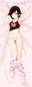 1girl bed_sheet bow bow_panties clothes_lift clothes_pull grey_eyes highres legs_together lying navel on_back pajamas panties pants pants_pull pink_panties print_pajamas red_hair ruby_rose rwby sheet_grab shirt_lift short_hair underwear