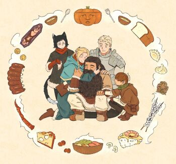 2girls 3boys absurdres animal_ears armor artist_name beard belt_pouch black_coat black_hair blonde_hair blue_capelet blue_robe boots bowl braid bread brown_coat brown_gloves brown_hair bug capelet cat_ears cat_girl cat_tail cheese chilchuck_tims closed_eyes closed_mouth coat coin comforting comic_panel_redraw commentary covered_mouth derivative_work dumpling dungeon_meshi dwarf elf facial_hair food fork fur-trimmed_coat fur-trimmed_robe fur-trimmed_sleeves fur_trim gloves gorget green_scarf group_hug hair_slicked_back half_up_half_down_braid halfling hand_on_another's_arm hand_on_another's_shoulder hand_up hands_up happy heads_together highres holding_hands hood hood_down hooded_capelet hooded_coat hug izutsumi laios_touden leather_armor long_beard long_hair long_sleeves looking_at_another mandrake marcille_donato multiple_boys multiple_braids multiple_girls mushroom mustache no_headwear outstretched_arm pants parted_bangs pauldrons plate plate_armor pointy_ears pouch pumpkin red_scarf ribs_(food) robe scarf senshi_(dungeon_meshi) severed_head shirt short_hair shoulder_armor shrimp side_braid simple_background skewer smile soup spoon squatting squid tail tam_(tamoru) tart_(food) tart_slice vambraces vegetable white_pants white_shirt winter_clothes