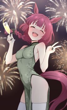 1girl :d ^_^ absurdres alcohol animal_ears black_nails blush bocchi_the_rock! breasts champagne champagne_flute china_dress chinese_clothes chinese_zodiac closed_eyes commentary commentary_request covered_navel cup dress drinking_glass english_commentary fingernails fireworks green_dress highres hiroi_kikuri holding holding_cup horse_ears horse_girl horse_tail long_hair medium_breasts mixed-language_commentary nail_polish new_year open_mouth pelvic_curtain red_hair roswell_ss sharp_teeth smile solo tail teeth thighhighs thighs upper_teeth_only v white_thighhighs year_of_the_horse