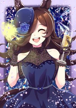 1girl absurdres alcohol animal_ears bare_shoulders black_gloves blue_dress blue_flower blue_rose blush breasts brown_hair champagne champagne_flute closed_eyes collarbone commentary cup dress drinking_glass english_commentary facing_viewer flipped_hair floral_print flower gloves hair_over_one_eye hat hat_flower highres holding horse_ears horse_girl horse_tail inglebard long_hair open_mouth rice_shower_(umamusume) rose see-through_clothes small_breasts smile solo tail teeth tilted_headwear umamusume upper_teeth_only