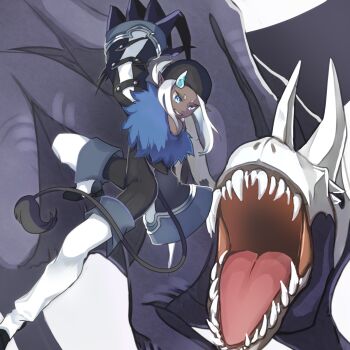 Rule 34 | 1girl, bandana, blue eyes, boots, claws, dark-skinned female, dark skin, dragon, fur trim, grin, highres, horns, ilya (pixiv fantasia age of starlight), kaji akihiro, long sleeves, medium hair, open mouth, pixiv fantasia, pixiv fantasia age of starlight, pointy ears, smile, solo, tail, teeth, white boots, wide sleeves