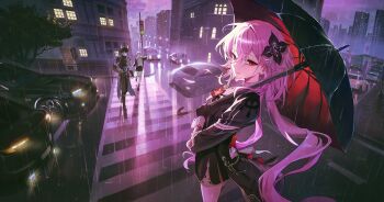 1boy 2girls absurdres black_hair building car chain city city_lights commentary crosswalk dan_heng_(honkai:_star_rail) dan_heng_(permansor_terrae)_(honkai:_star_rail) dragon_horns dress evernight_(honkai:_star_rail) flower gloves grey_hair hadanugi_dousa hair_flower hair_ornament hairclip highres holding holding_umbrella honkai:_star_rail honkai_(series) horns jacket light_smile long_hair looking_at_viewer march_7th_(honkai:_star_rail) motor_vehicle multiple_girls night open_kimono outdoors pants pibag pink_hair rain red_eyes road skirt solo_focus stelle_(honkai:_star_rail) street traffic_light trailblazer_(honkai:_star_rail) umbrella very_long_hair