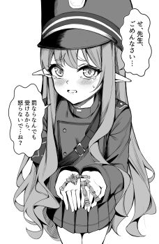 Rule 34 | 0 gundam, 1girl, absurdres, blue archive, clover dot (clov erd), cowboy shot, gundam, gundam 00, hat, highres, hikari (blue archive), long hair, looking at viewer, monochrome, pointy ears, school uniform, simple background, solo, tears, thigh gap, twitter, white background