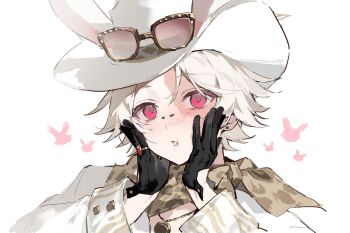 1boy animal_print beikupangxie black_gloves blonde_hair bridge_piercing chain cowboy_hat eyewear_on_headwear face_piercing gloves gold_chain half_gloves hat highres identity_v jacket jewelry leopard_print light_blush looking_at_viewer male_focus norton_campbell norton_campbell_(dazzling_lone_wolf) official_alternate_costume parted_lips pendant piercing pink_eyes portrait red-tinted_eyewear ring scar scar_across_eye scar_on_face scarf solo squishing striped_blush sunglasses tinted_eyewear white_hat white_jacket