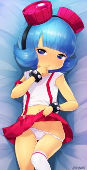 1girl blue_eyes blue_hair blush born-to-die clothes_lift el_tigre eyewear_on_head female_focus finger_to_mouth flat_chest flipped_hair frida_suarez from_above goggles highres lifting_own_clothes loli looking_at_viewer lying midriff navel nickelodeon on_back over-kneehighs panties panty_pull red_skirt shirt short_hair short_sleeves skirt skirt_lift smile solo spikes suspender_skirt suspenders thighhighs underwear white_panties white_shirt white_thighhighs