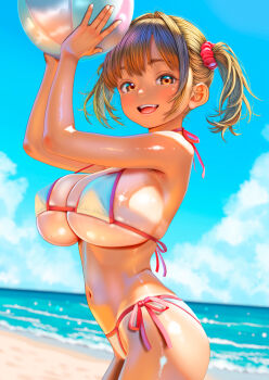 1girl ball beach beachball bikini breasts commentary_request day highres holding huge_breasts looking_at_viewer navel ocean open_mouth oppai_loli original outdoors paid_reward_available side-tie_bikini_bottom sky smile solo swimsuit tan twintails uzuki_mei