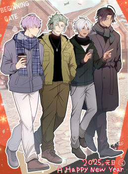 Rule 34 | 4boys, :d, ahoge, aran sweater, artist name, bandaid, bandaid on cheek, bandaid on face, bandaid on forehead, bandaid on neck, beginning gate, black hair, black jacket, black pants, black scarf, black shirt, black shoes, blue scarf, breast pocket, breath, brown coat, brown jacket, brown pants, brown shoes, cable knit, cellphone, chromatic aberration, closed eyes, closed mouth, coat, colored eyelashes, commentary, commentary request, crossed bandaids, crossed bangs, cup, curtained hair, dark-skinned male, dark skin, disposable coffee cup, disposable cup, dress shoes, drone, english commentary, english text, fangs, fingernails, fringe trim, full body, green eyes, green hair, grey jacket, grey pants, grey scarf, grin, group name, hair between eyes, hair bun, hands in pockets, happy new year, highres, holding, holding cup, holding phone, hood, hood down, hooded jacket, hypnosis mic, hypnosis mic: rhyme anima, jacket, jewelry, kaibyakumon kikokuu, kasago akira, lec007, light particles, light smile, long sleeves, looking ahead, looking at another, looking to the side, male focus, mature eyes, mature male, mismatched eyebrows, mixed-language commentary, multiple boys, necklace, new year, open clothes, open jacket, open mouth, orange eyes, outdoors, outline, pants, parted bangs, parted hair, partially unzipped, phone, pink hair, plaid clothes, plaid scarf, pocket, pointing, profile, scarf, shirt, shoes, short hair, side-by-side, sideways glance, signature, silver necklace, smartphone, smile, snowflakes, sweater, swept bangs, teeth, turtleneck, turtleneck sweater, undercut, upper teeth only, v-shaped eyebrows, very short hair, wakasagi satoru, wallet chain, white outline, white pants, white sweater, winter clothes, winter coat, yomogi kenji