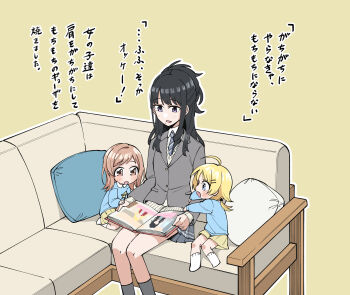 3girls absurdres aged_down ahoge black_hair blonde_hair blue_eyes blue_shirt book brown_eyes brown_hair child commentary_request couch grey_jacket hachimiya_meguru highres holding holding_book idolmaster idolmaster_shiny_colors illumination_stars_(idolmaster) jacket kazano_hiori kindergarten_uniform long_hair long_sleeves mole mole_under_mouth multiple_girls necktie on_couch open_book outline pillow purple_eyes reading sakuragi_mano shirt simple_background sitting skirt socks translation_request trike_03 white_outline yellow_background