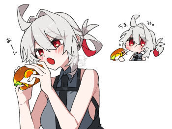 1girl :o ahoge bare_shoulders black_necktie breasts burger chest_strap chibi collared_shirt commentary_request diamond-shaped_pupils diamond_(shape) dutch_angle eating fang folded_ponytail food grey_hair grey_shirt hair_between_eyes hair_intakes high-waist_skirt highres holding holding_burger holding_food jacket large_breasts long_hair looking_at_viewer ma_tai_(oimotororo1116) multiple_views necktie oimotororo1116 open_mouth original portrait red_eyes shirt sidelocks skin_fang skirt sleeveless sleeveless_shirt solo standing symbol-shaped_pupils thick_eyelashes tsurime upper_body white_background white_jacket