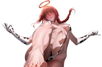 Rule 34 | 1girl, alternate costume, animal print, bikini, braid, braided ponytail, breasts, chainsaw man, closed mouth, cow print, cow print bikini, cow print gloves, elbow gloves, esmile, feet, gloves, halo, hands up, highres, long hair, looking at viewer, makima (chainsaw man), medium breasts, navel, print bikini, print gloves, red hair, red halo, simple background, slingshot swimsuit, solo, swimsuit, white background, yellow eyes