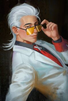 Rule 34 | 1boy, adjusting eyewear, black background, black shirt, brown eyes, closed mouth, collared shirt, commentary, dutch angle, english commentary, faivsz, hair slicked back, highres, jacket, lapels, lips, male focus, medium hair, necktie, notched lapels, red necktie, shirt, sleeve cuffs, smile, solo, suit jacket, tinted eyewear, to be hero, to be hero x, upper body, white hair, x (to be hero x), yellow-tinted eyewear