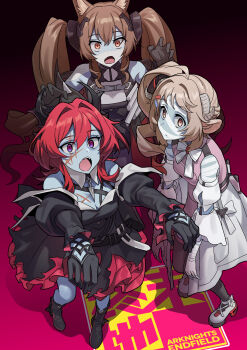 3girls absurdres angelina_(arknights) animal_ear_fluff animal_ears ardelia_(arknights) arknights arknights:_endfield bare_shoulders black_dress black_gloves black_horns breasts brown_hair chinese_commentary cleavage closed_mouth coat commentary_request copyright_name demon_horns dress expressionless facial_scar fingerless_gloves fox_ears fox_girl full_body gilberta_(arknights) gloves hair_between_eyes hair_intakes hands_up headpiece highres horns laevatein_(arknights) liang_chan_xing_make_tu long_hair long_sleeves looking_at_viewer multiple_girls open_clothes open_coat open_mouth outstretched_arms parody purple_eyes red_coat red_hair scar scar_across_eye scar_on_cheek scar_on_face sheep_ears sheep_girl sheep_horns standing surtr_(arknights) teeth twintails upper_teeth_only zombie zombie_land_saga