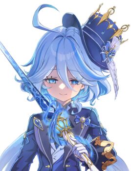 1girl ahoge blue_eyes blue_hair blue_hat blue_jacket closed_mouth commentary_request drop-shaped_pupils eyelash_ornament facing_viewer furina_(genshin_impact) genshin_impact gloves hair_between_eyes hat heterochromia highres holding holding_sword holding_weapon jacket left-handed long_hair long_sleeves looking_down multicolored_hair nean ouji_fashion simple_background smile solo splendor_of_tranquil_waters_(genshin_impact) streaked_hair sword symbol-shaped_pupils top_hat upper_body very_long_hair weapon white_background white_gloves