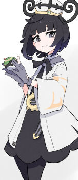 Rule 34 | 1girl, absurdres, belt, belt buckle, black dress, black hair, black pantyhose, blunt bangs, bob cut, buckle, closed mouth, coat, commentary, dress, gloves, gradient hair, gwynn (pokemon), hat, highres, holding, holding poke ball, long sleeves, looking at viewer, mega stone, multicolored hair, nattoreichan, nest ball, nintendo, o-ring, o-ring belt, open clothes, open coat, pantyhose, partially fingerless gloves, poke ball, pokemon, pokemon legends: z-a, purple eyes, purple gloves, purple hair, short hair, smile, solo, white background, white coat, white hat, wide sleeves
