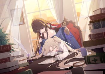 2girls :d ahoge blue_jacket blunt_bangs book book_stack breasts brown_hair cape cleavage clothes_blanket covering_with_blanket curtains dutch_angle fang fingerless_gloves game_cg gloves grey_gloves grey_hair highres holding holding_jacket holding_unworn_clothes indoors inkwell jacket large_breasts laru_(stella_sora) long_hair long_sleeves looking_at_another mechanical_hands multiple_girls non-web_source official_art open_mouth pink_eyes quill red_cape shrug_(clothing) single_mechanical_hand sitting skin_fang sleeping sleeping_on_desk smile stella_sora twintails unworn_jacket very_long_hair white_shrug willow_(stella_sora) window