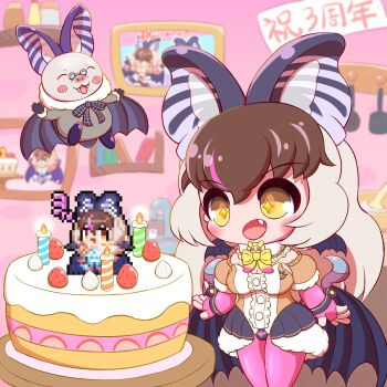 Rule 34 | 1girl, animal, animal ears, bat (animal), bat ears, bat girl, bat wings, birthday cake, bow, bowtie, brown hair, brown long-eared bat (kemono friends), cake, daisantw, elbow gloves, extra ears, fingerless gloves, food, glasses, gloves, grey hair, highres, indoors, kemono friends, kemono friends v project, leotard, long hair, microphone, multicolored hair, pantyhose, poporu (kemono friends), skirt, streaked hair, virtual youtuber, wings, yellow eyes