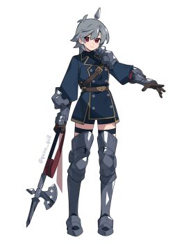 1girl antenna_hair armor black_shorts blue_coat breasts brown_gloves coat commentary_request full_body genderswap genderswap_(mtf) gloves grey_hair hair_between_eyes halberd highres holding holding_weapon jacket leg_armor looking_at_viewer medium_hair messy_hair multiple_thigh_straps original pauldrons pekaso1118n polearm rai_(pekaso1118n) red_eyes shorts shoulder_armor simple_background single_pauldron small_breasts solo standing thigh_strap weapon