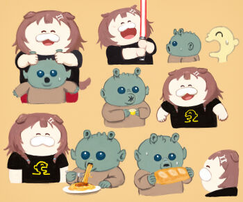 1girl 2others alien animal_ears bone_hair_ornament bread chibi dog_ears energy_sword food fork fruit hair_ornament holding holding_food holding_fork holding_weapon hololive inugami_korone lemon lightsaber listener_(inugami_korone) multiple_others plate plusma red_lightsaber rodian spaghetti_strap star_wars sweat sweatdrop sword virtual_youtuber weapon