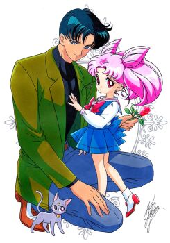 1boy 1girl animal_collar bell bishoujo_senshi_sailor_moon bishoujo_senshi_sailor_moon_supers black_hair blue_eyes cat chiba_mamoru chibi_usa collar crescent crescent_facial_mark diana_(sailor_moon) double_bun earrings facial_mark father_and_daughter flower forehead_mark hair_bun holding holding_flower jewelry jingle_bell kneeling long_sleeves marco_albiero pink_hair red_eyes rose school_uniform serafuku signature stud_earrings twintails white_background