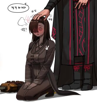 1boy 1girl 99dulgi @_@ asymmetrical_bangs blush breasts brown_hair cleavage commentary_request dark-skinned_female dark_skin eyelashes hair_over_one_eye headpat highres jia_qiu_(project_moon) korean_commentary korean_text large_breasts limbus_company long_hair open_mouth project_moon seiza sitting speech_bubble sword translation_request very_dark_skin weapon zilu_(project_moon)