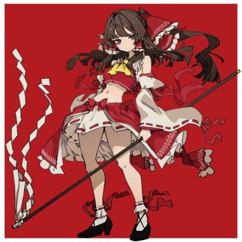 Rule 34 | 1girl, adapted costume, anderson m0311, ascot, black shoes, bow, breasts, brown eyes, brown hair, closed mouth, commentary, detached sleeves, frilled hair tubes, frills, full body, gohei, hair bow, hair tubes, hakurei reimu, highres, holding, holding gohei, long hair, looking at viewer, medium breasts, midriff, navel, red background, red bow, red skirt, ribbon-trimmed skirt, ribbon-trimmed sleeves, ribbon trim, shoes, simple background, skirt, socks, solo, touhou, white skirt, white socks, yellow ascot