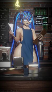 1boy 3d absurdres ambiguous_gender apron arnas_atakiyo blender_(medium) cafeteria cappyadams english_text highres multicolored_hair naked_apron original self-upload trap