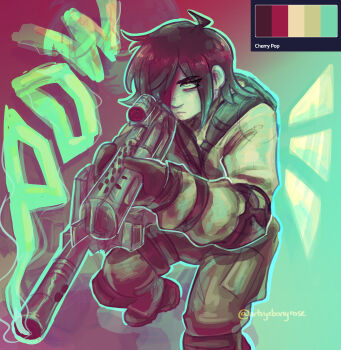 1girl absurdres artist_name artsybonyrose black_gloves black_hair color_guide danganronpa_(series) fighting_stance freckles gloves gun highres ikusaba_mukuro military_uniform rifle serious smoke smoking_barrel sniper_rifle solo sound_effects weapon yellow_eyes