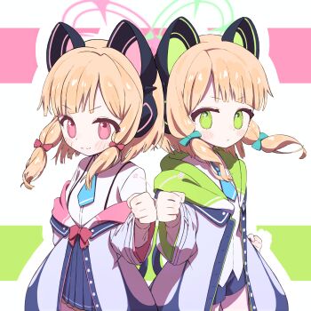 2girls animal_ear_headphones animal_ears blonde_hair blue_archive blue_necktie blue_shorts blue_skirt blush bow cat_ear_headphones cat_ears closed_mouth commentary_request fake_animal_ears fist_bump green_bow green_eyes green_halo grey_jacket hair_bow halo headphones highres jacket midori_(blue_archive) momoi_(blue_archive) multiple_girls necktie open_clothes open_jacket partial_commentary pink_bow pink_eyes pink_halo pleated_skirt shirt shorts skirt smile star_(symbol) suwasui white_shirt