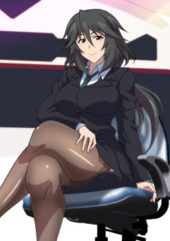 1girl black_hair black_skirt blazer breasts brown_eyes business_suit chair crossed_legs fishnet_thighhighs fishnets formal_clothes green_necktie hand_on_own_thigh infinite_stratos jacket kuroda_ariake large_breasts long_hair looking_at_viewer necktie office_chair office_lady orimura_chifuyu pantyhose pencil_skirt ponytail shirt sitting skirt skirt_suit smile solo suit swivel_chair thighhighs thighs