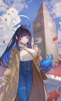 1girl absurdres autumn blue_eyes blue_hair breasts brown_coat clock clock_tower coat cowboy_shot cup denim elizabeth_tower hair_intakes halo highres holding holding_cup hololive hololive_english jeans large_breasts leaf maple_leaf ouro_kronii outdoors pants senada37 shirt solo tower trench_coat united_kingdom virtual_youtuber white_shirt