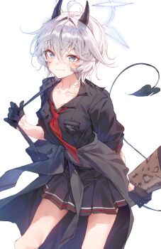 1girl absurdres black_shirt black_skirt blue_archive blue_eyes closed_mouth commentary_request demon_girl demon_horns demon_tail erika_(blue_archive) fabarm_fp6/sdass grey_hair halo highres horns kesunr0s2 light_smile medium_hair necktie pump_action red_necktie shirt shotgun skirt solo tail thighs