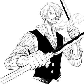 Rule 34 | 1boy, baaaaaaaboon, cigarette, curly eyebrows, dual wielding, facial hair, greyscale, hair over one eye, highres, holding, holding knife, knife, male focus, monochrome, mustache stubble, one piece, sanji (one piece), smoking, solo, stubble, upper body, vest