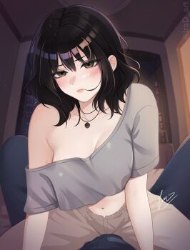 Rule 34 | 1boy, 1girl, black hair, breasts, brown eyes, commentary, commission, english commentary, highres, irad art, jewelry, large breasts, long sleeves, looking at viewer, loose clothes, loose shirt, medium hair, navel, necklace, original, shirt, signature, vgen commission