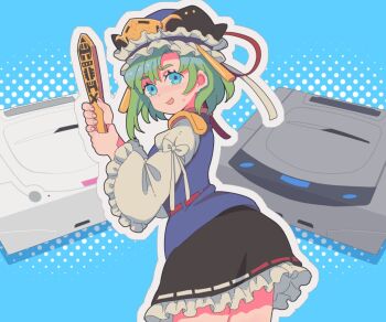 Rule 34 | 1girl, black hat, black skirt, blue background, blue eyes, blue hat, blue vest, bow, commentary request, cowboy shot, epaulettes, fingernails, frilled hat, frilled skirt, frilled sleeves, frills, game console, green hair, halftone, halftone background, hat, jean (jean sp), long sleeves, looking at viewer, open mouth, outline, ribbon-trimmed skirt, ribbon-trimmed vest, ribbon trim, rod of remorse, sega saturn, shiki eiki, shirt, short hair, skirt, sleeve bow, smile, solo, touhou, vest, white bow, white outline, white shirt, wide sleeves