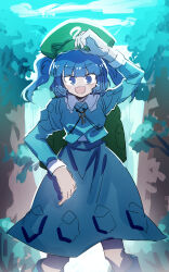 Rule 34 | 1girl, :d, absurdres, backpack, bag, blue eyes, blue footwear, blue hair, blue skirt, blunt bangs, commentary, feet out of frame, flat cap, green hat, hair bobbles, hair ornament, hand on headwear, hat, highres, ichirugi, kawashiro nitori, key, long sleeves, looking at viewer, open mouth, outdoors, pocket, skirt, smile, solo, touhou, tree, two side up
