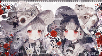 2girls animal animal_ears animal_on_head bear_ears bear_hat_ornament black_bow black_bowtie black_dress black_hair blunt_bangs bow bowtie braid bud butter button_hair_ornament cat cat_ears cat_on_head chinese_commentary collared_dress commentary_request dress expressionless eyelashes fingernails flower food frilled_dress frilled_headwear frilled_sleeves frills grey_hair hair_ornament hairclip hat hat_bow heart heart_print highres holding holding_flower interlocked_fingers light_blush light_particles long_hair long_sleeves low_twin_braids marking_on_cheek multicolored_hair multiple_girls nai_bu_shang_a on_head original parted_lips red_eyes red_flower red_rose rose sample_watermark sharing side_braid straight_hair streaked_hair teardrop_facial_mark too_many_watermarks top_hat twin_braids upper_body watermark weibo_watermark white_background white_hair white_hat witch_hat yellow_bow