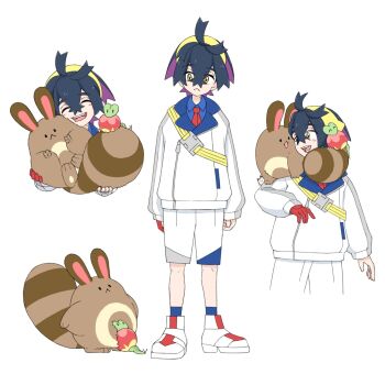 1boy :< applin black_hair blue_socks closed_eyes closed_mouth commentary_request crossed_bangs double_v gen_2_pokemon gen_8_pokemon gloves h1na3 hairband highres holding holding_pokemon jacket kieran_(pokemon) long_sleeves male_focus mole mole_on_neck multicolored_hair multiple_views nintendo on_shoulder one_eye_closed open_mouth pokemon pokemon_(creature) pokemon_on_shoulder pokemon_sv purple_hair red_gloves sentret shoes shorts simple_background single_glove socks solid_oval_eyes standing v white_background white_jacket white_shoes white_shorts yellow_hairband